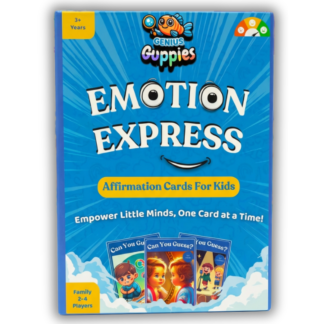 Positive affirmation card game box titled “Emotion Express” with colorful kid-friendly illustrations and text “60 Affirmation Cards for Kids Ages 3+”.