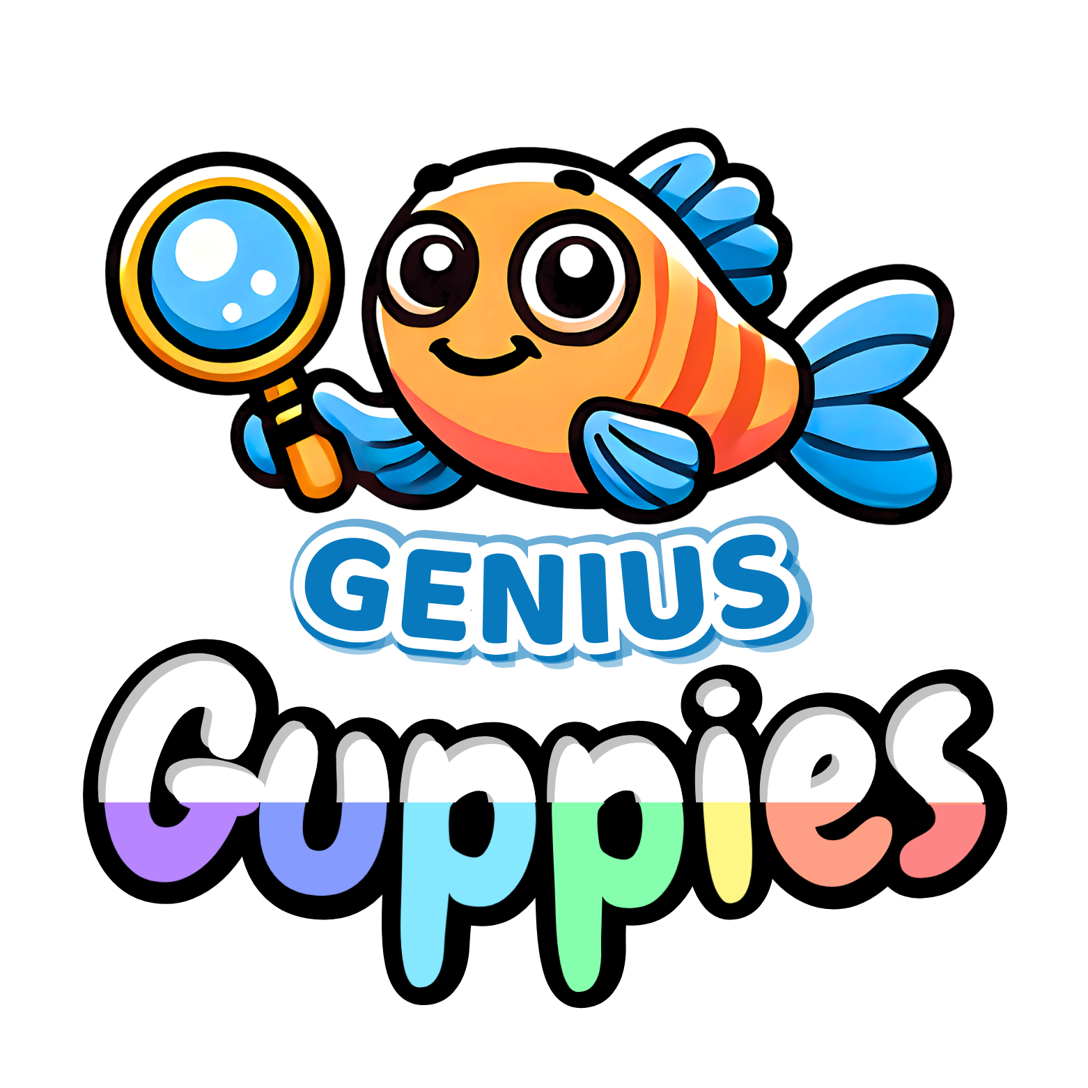 Smiling Guppies Fish holding magnifying glass and underline text reads Genius Guppies